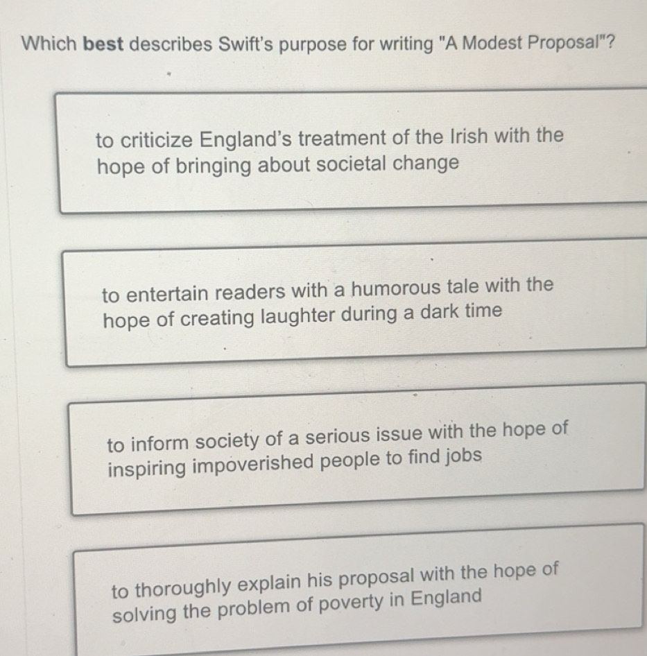 Solved: Which best describes Swift's purpose for writing 