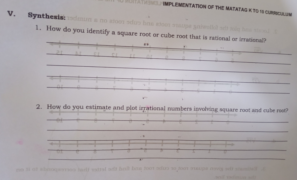 MOITATM3M3. IMPLEMENTATION OF THE MATATAG K TO 10 CURRICULUM 
V. Synthesis: 

1. How do you identify a square root or cube root that is rati 
2. How do you estimate and plot irrational numbers involving square root and cube root? 
_ 
__ 
__ 
_ 
01 e 8 a c E 
_ 
_ 
πо ±i o↑ 2bп0q2эт10ɔ ±81 19±1э[ 91 bππ bπ 1001 эd1э 10 1001 эτцрε πэ