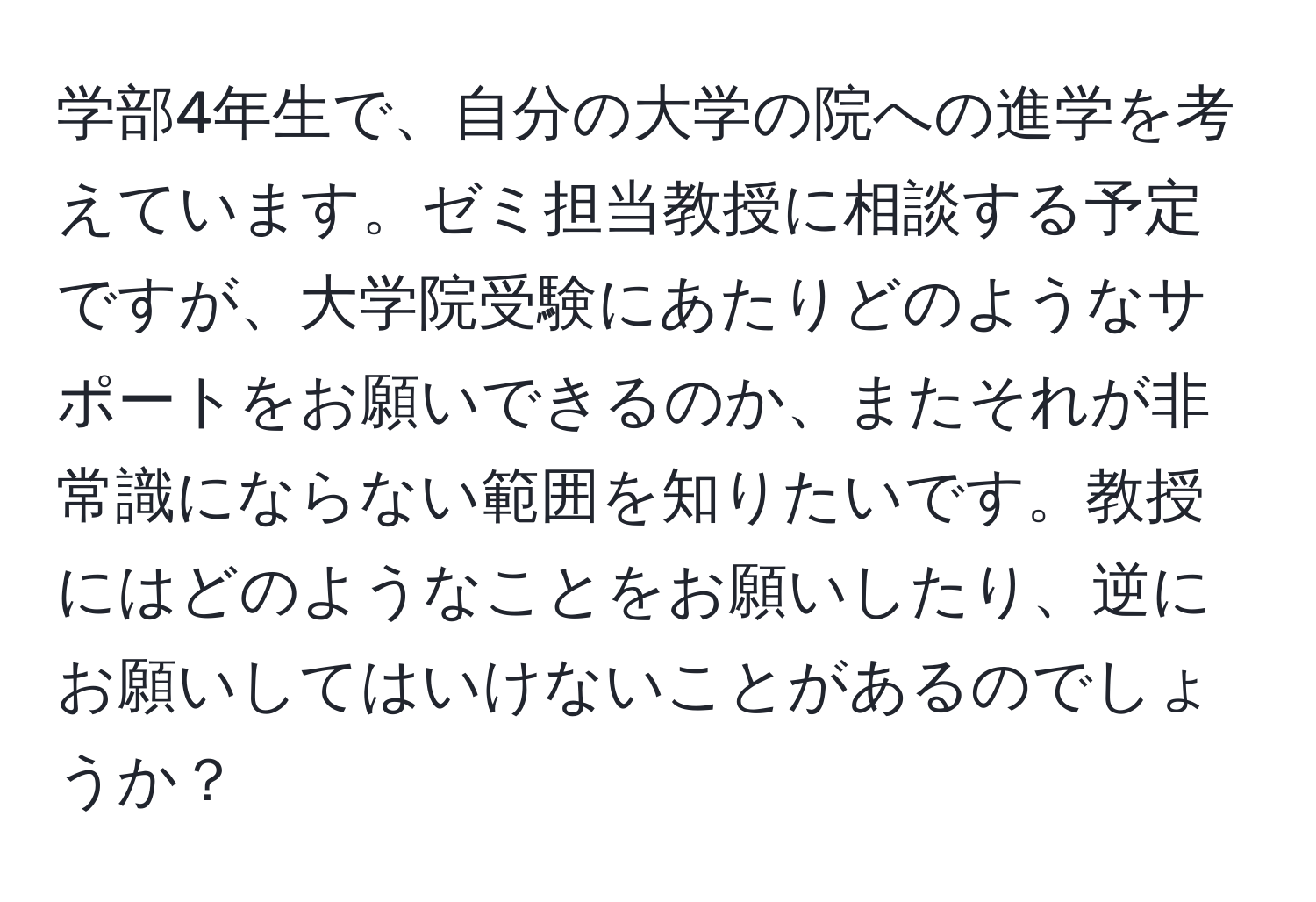 学部4年生で、自分の大学の院への進学を考えています。ゼミ担当教授に相談する予定ですが、大学院受験にあたりどのようなサポートをお願いできるのか、またそれが非常識にならない範囲を知りたいです。教授にはどのようなことをお願いしたり、逆にお願いしてはいけないことがあるのでしょうか？