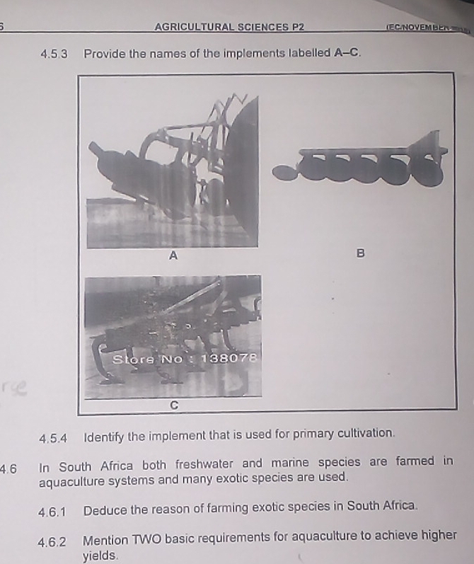 AGRICULTURAL SCIENCES P2 (EC/NOVEMBER 
4.5.3 Provide the names of the implements labelled A-C. 
B 
4.5.4 Identify the implement that is used for primary cultivation. 
4.6 In South Africa both freshwater and marine species are farmed in 
aquaculture systems and many exotic species are used. 
4.6.1 Deduce the reason of farming exotic species in South Africa. 
4.6.2 Mention TWO basic requirements for aquaculture to achieve higher 
yields.