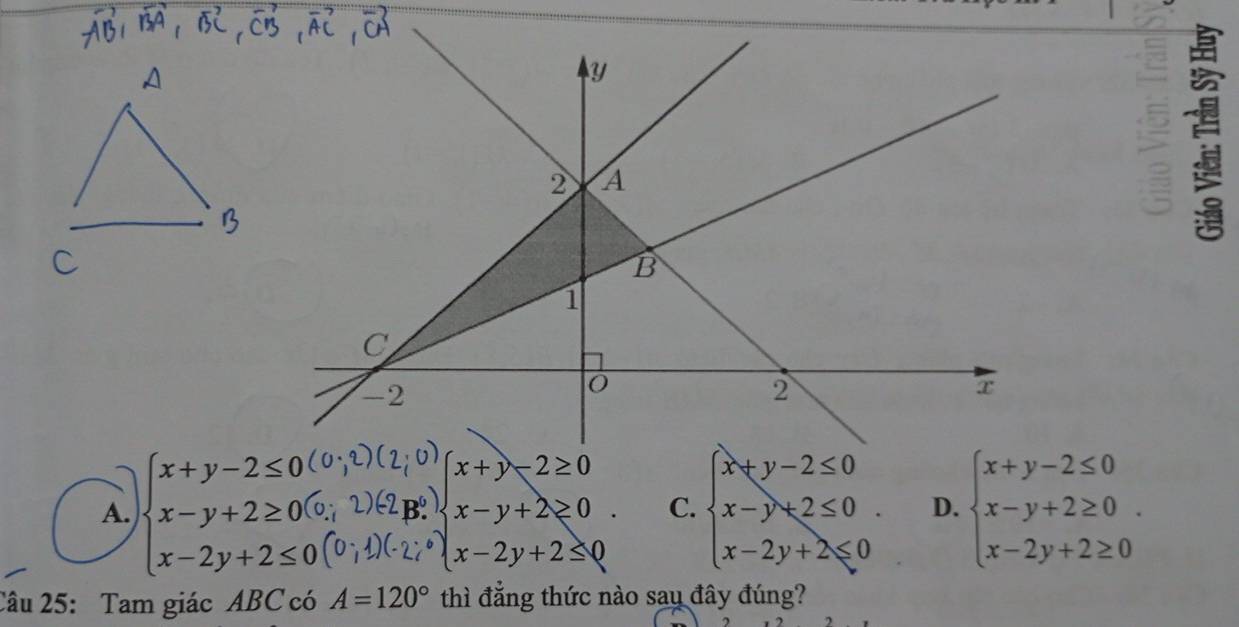 ξ
A. beginarrayl x+y-2≤ 0(0;2, x-y+2≥ 0 x-2y+2≤ 0(0;2.endarray. beginarrayl x+y-2≥ 0 x-y+2≥ 0 x-2y+2≤ 0endarray.. C. beginarrayl x+y-2≤ 0 x-y+2≤ 0 x-2y+2≤slant 0endarray.. D. beginarrayl x+y-2≤ 0 x-y+2≥ 0 x-2y+2≥ 0endarray.. 
Câu 25: Tam giác ABC có A=120° thì đẳng thức nào sau đây đúng?