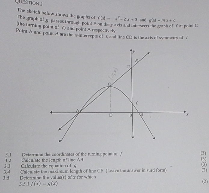 The sketch below shows the graphs of f(x)=-x^2-2x+3 and g(x)=mx+c
The graph of g passes through point E on the yaxis and intersects the graph of f at point C
(the turning point of ) and point A respectively.
Point A and point B are the x-intercepts of f and line CD is the axis of symmetry of £
3.1 Determine the coordinates of the turning point of f (3)
3.2 Calculate the length of line AB (3)
3.3 Calculate the equation of g (3)
3.4 Calculate the maximum length of line CE (Leave the answer in surd form) (2)
3.5 Determine the value(s) of x for which
3.5.1 f(x)=g(x) (2)