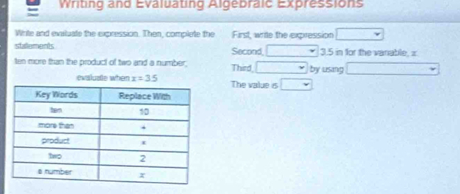 Writing and Evaluating Algebraic Expressions 
Write and evaluate the expression. Then, complete the First, write the expression □ 
stalements Second, □ 3.5 in for the varable, x
ten more tran the product of two and a number; Third, □ by using □
evaludle when x=3.5 The value is □