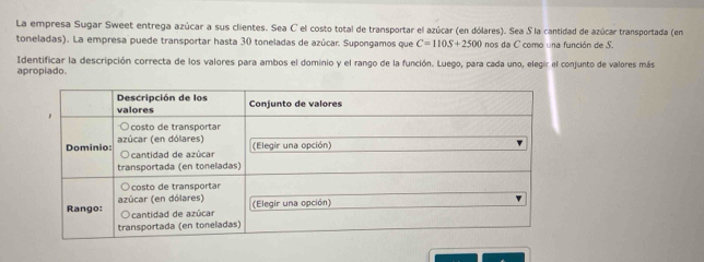 La empresa Sugar Sweet entrega azúcar a sus clientes. Sea C el costo total de transportar el azúcar (en dólares). Sea S la cantidad de azúcar transportada (en 
toneladas). La empresa puede transportar hasta 30 toneladas de azúcar. Supongamos que C=110S+2500 nos da C como una función de S. 
Identificar la descripción correcta de los valores para ambos el dominio y el rango de la función. Luego, para cada uno, elegir el conjunto de valores más 
apropiado.