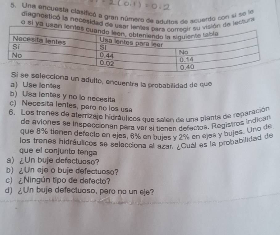 Una encuesta clasificó a gran número de adultos de acuerdo con si se le
diagnosticó la necesidad de un de lectura
o si ya usa
iona un adulto, encuentra la probabilidad de que
a) Use lentes
b) Usa lentes y no lo necesita
c) Necesita lentes, pero no los usa
6. Los trenes de aterrizaje hidráulicos que salen de una planta de reparación
de aviones se inspeccionan para ver si tienen defectos. Registros indican
que 8% tienen defecto en ejes, 6% en bujes y 2% en ejes y bujes. Uno de
los trenes hidráulicos se selecciona al azar. ¿Cuál es la probabilidad de
que el conjunto tenga
a) ¿Un buje defectuoso?
b) ¿Un eje o buje defectuoso?
c) ¿Ningún tipo de defecto?
d) ¿Un buje defectuoso, pero no un eje?