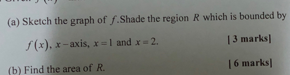 Sketch the graph of ƒ.Shade the region R which is bounded by
f(x), x-axis, x=1 and x=2. [ 3 marks] 
(b) Find the area of R. [ 6 marks]