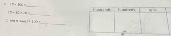 18* 100=
_ 
_
18* 10* 10=
_
(1ten8ones)* 100=