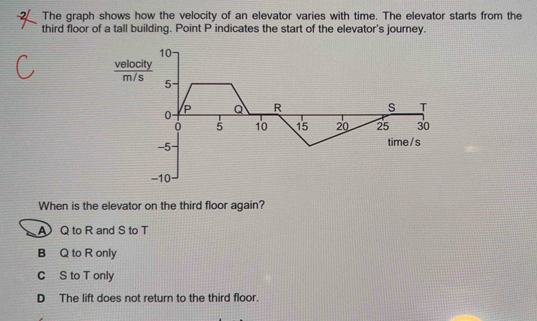 The graph shows how the velocity of an elevator varies with time. The elevator starts from the
third floor of a tall building. Point P indicates the start of the elevator's journey.
10
velocity
5
P
0 - Q R
S T
5 10 15 20 25 30
-5
time/s
-10
When is the elevator on the third floor again?
A Q to R and S to T
B Q to R only
C S to T only
DThe lift does not return to the third floor.