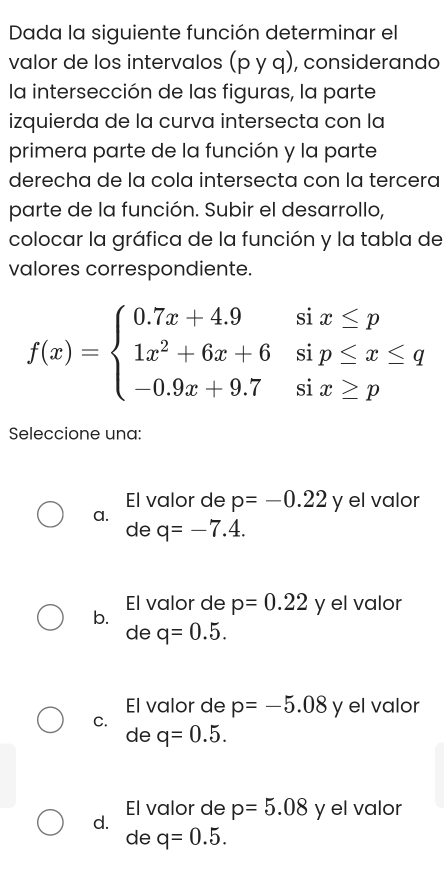 Dada la siguiente función determinar el
valor de los intervalos (pyq) , considerando
la intersección de las figuras, la parte
izquierda de la curva intersecta con la
primera parte de la función y la parte
derecha de la cola intersecta con la tercera
parte de la función. Subir el desarrollo,
colocar la gráfica de la función y la tabla de
valores correspondiente.
f(x)=beginarrayl 0.7x+4.9six≤ p 1x^2+6x+6sip≤ x≤ q -0.9x+9.7six≥ pendarray.
Seleccione una:
El valor de p=-0.22 y el valor
a.
de q=-7.4.
El valor de p=0.22 y el valor
b.
de q=0.5.
El valor de p=-5.08 y el valor
C.
de q=0.5.
El valor de p=5.08 y el valor
d.
de q=0.5.