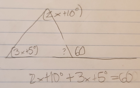 2x+10°+3x+5°=60