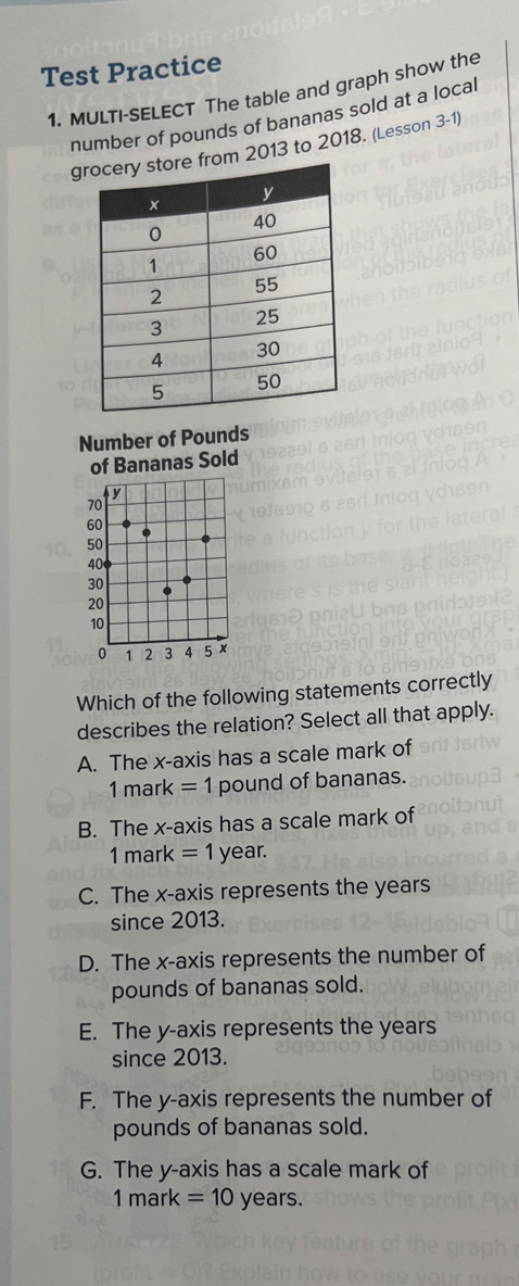 Test Practice
1. MULTI-SELECT The table and graph show the
number of pounds of bananas sold at a local
g from 2013 to 2018. (Lesson 3-1)
Number of Pounds
of Bananas Sold
Which of the following statements correctly
describes the relation? Select all that apply.
A. The x-axis has a scale mark of
1 mark = 1 pound of bananas.
B. The x-axis has a scale mark of
1 mark = 1 year.
C. The x-axis represents the years
since 2013.
D. The x-axis represents the number of
pounds of bananas sold.
E. The y-axis represents the years
since 2013.
F. The y-axis represents the number of
pounds of bananas sold.
G. The y-axis has a scale mark of
1 mark = 10 years.