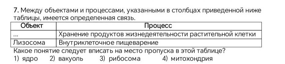 Между обьектами и πроцессами, указанньми в столбцах πриведенной ниже
таблицы, имеется определенная связь.
Κакое понятие следует влисать на место πроπуска в этοй τаблице?
1) ядро 2) вакуоль 3) рибосома 4) миΤохондрия