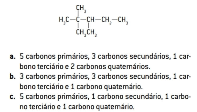 a. 5 carbonos primários, 3 carbonos secundários, 1 car-
bono terciário e 2 carbonos quaternários.
b. 3 carbonos primários, 3 carbonos secundários, 1 car-
bono terciário e 1 carbono quaternário.
c. 5 carbonos primários, 1 carbono secundário, 1 carbo-
no terciário e 1 carbono quaternário.