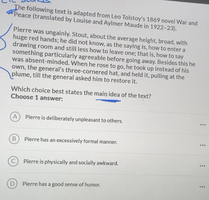 Solved: The following text is adapted from Leo Tolstoy's 1869 novel War ...