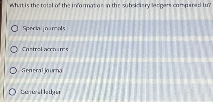 What is the total of the information in the subsidiary ledgers compared to?
Special journals
Control accounts
General journal
General ledger