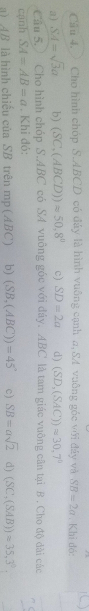 Cho hình chóp S. ABCD có đáy là hình vuông cạnh a, SA vuông góc với đáy và SB=2a. Khi đó:
a) overline SA=sqrt(3)a b) (SC,(ABCD))approx 50,8° c) SD=2a d) (SD,(SAC))approx 30,7°
Câu 5.) Cho hình chóp S. ABC có SA vuông góc với đáy. ABC là tam giác vuông cân tại B. Cho độ dài các
cạnh SA=AB=a. Khi đó:
a) AB là hình chiếu của SB trên mp(ABC) b) (SB,(ABC))=45° c) SB=asqrt(2) d) (SC,(SAB))approx 35, 3^0,