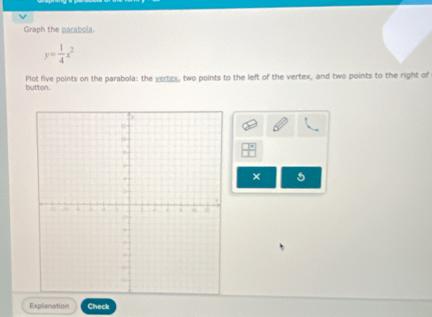 Graph the parabola.
y= 1/4 x^2
Plot five points on the parabola: the vertex, two points to the left of the vertex, and two points to the right of 
button.
 □ x/□  
5
Explanation Check