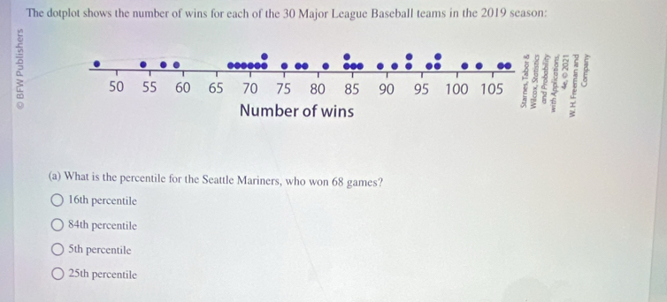 The dotplot shows the number of wins for each of the 30 Major League Baseball teams in the 2019 season:
(a) What is the percentile for the Seattle Mariners, who won 68 games?
16th percentile
84th percentile
5th percentile
25th percentile