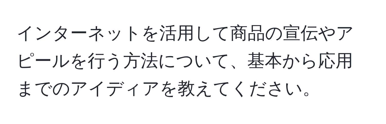 インターネットを活用して商品の宣伝やアピールを行う方法について、基本から応用までのアイディアを教えてください。