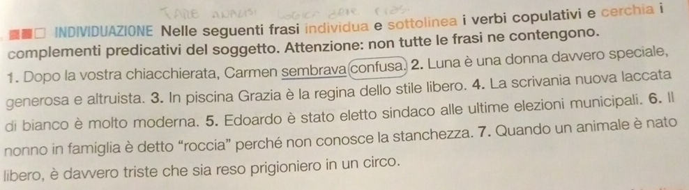 ■□ INDIVIDUAZIONE Nelle seguenti frasi individua e sottolinea i verbi copulativi e cerchia i 
complementi predicativi del soggetto. Attenzione: non tutte le frasi ne contengono. 
1. Dopo la vostra chiacchierata, Carmen sembrava(confusa) 2. Luna è una donna davvero speciale, 
generosa e altruista. 3. In piscina Grazia è la regina dello stile libero. 4. La scrivania nuova laccata 
di bianco è molto moderna. 5. Edoardo è stato eletto sindaco alle ultime elezioni municipali. 6. ll 
nonno in famiglia è detto “roccia” perché non conosce la stanchezza. 7. Quando un animale è nato 
libero, è davvero triste che sia reso prigioniero in un circo.