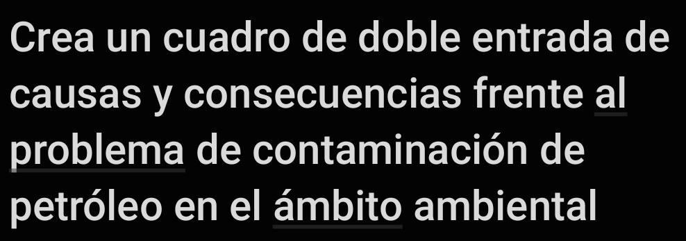 Crea un cuadro de doble entrada de 
causas y consecuencias frente al 
problema de contaminación de 
petróleo en el ámbito ambiental