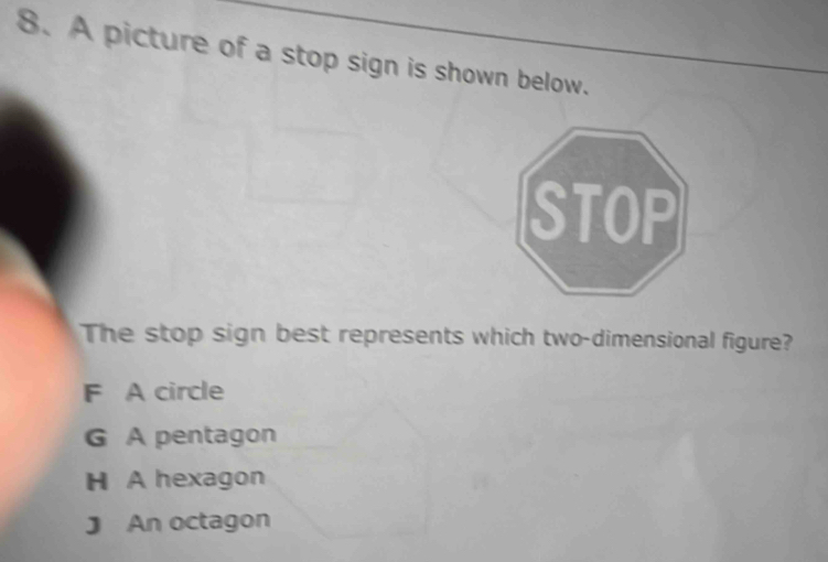 A picture of a stop sign is shown below.
STOP
The stop sign best represents which two-dimensional figure?
F A circle
G A pentagon
H A hexagon
J An octagon