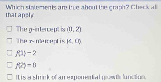 Which statements are true about the graph? Check all
that apply.
The y-intercept is (0,2).
The x-intercept is (4,0).
f(1)=2
f(2)=8
It is a shrink of an exponential growth function.