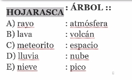 HOJARASCA : ÁRBOL ::
A) rayo : atmósfera
B) lava : volcán
C) meteorito : espacio
D) lluvia : nube
E) nieve : pico