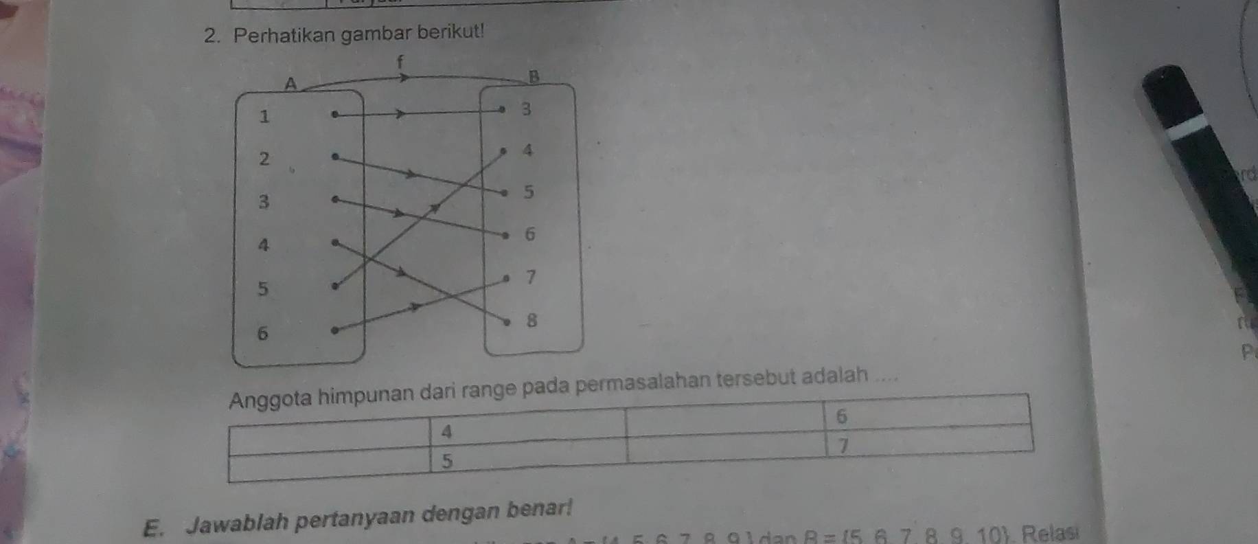 Perhatikan gambar berikut!
rd
P
Anggota himpunan dari range pada permasalahan tersebut adalah ....
6
4
7
5
E. Jawablah pertanyaan dengan benar!
A G ldan R= 5678910 Relasi