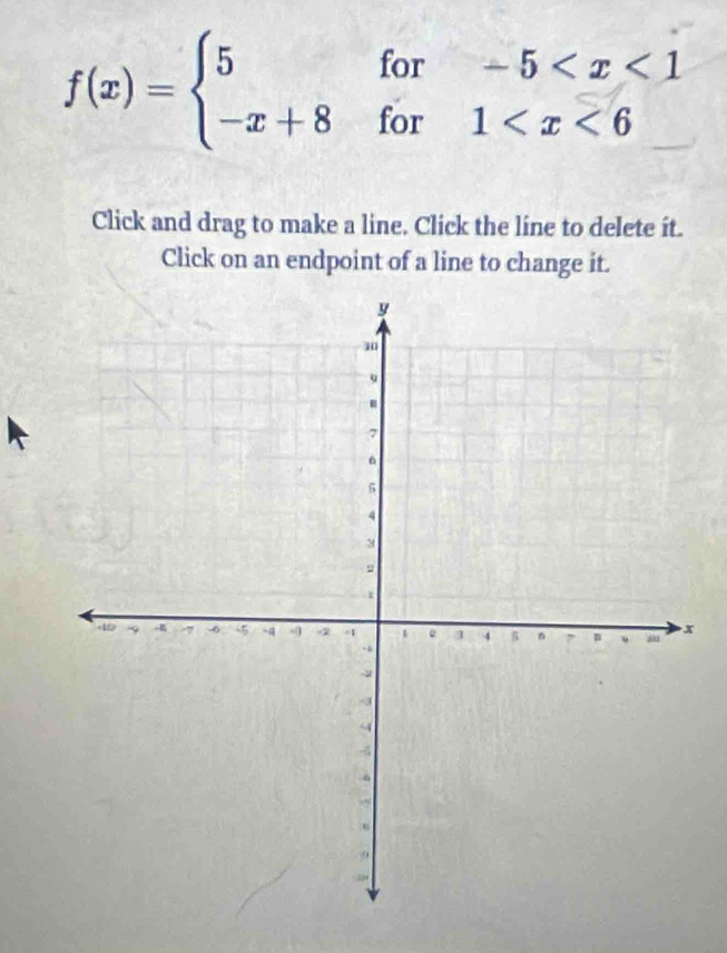 f(x)=beginarrayl 5for-5
Click and drag to make a line. Click the line to delete it. 
Click on an endpoint of a line to change it.