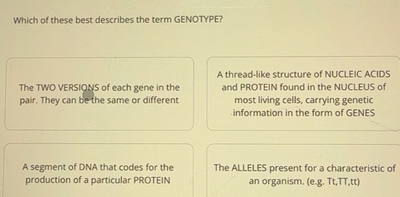 Solved: Which of these best describes the term GENOTYPE? A thread-like ...