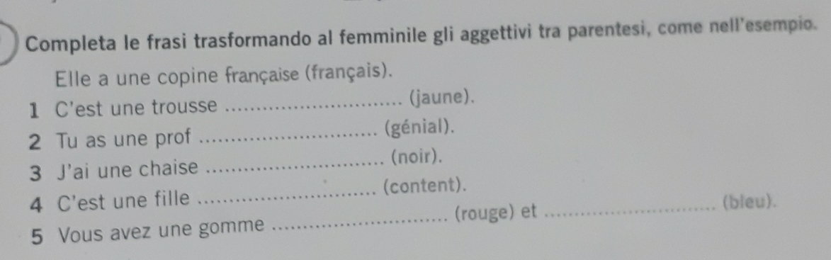 Completa le frasi trasformando al femminile gli aggettivi tra parentesi, come nell’esempio. 
Elle a une copine française (français). 
1 C'est une trousse _(jaune). 
2 Tu as une prof _(génial). 
3 J'ai une chaise _(noir). 
4 C'est une fille _(content)._ 
5 Vous avez une gomme _(rouge) et 
(bleu).