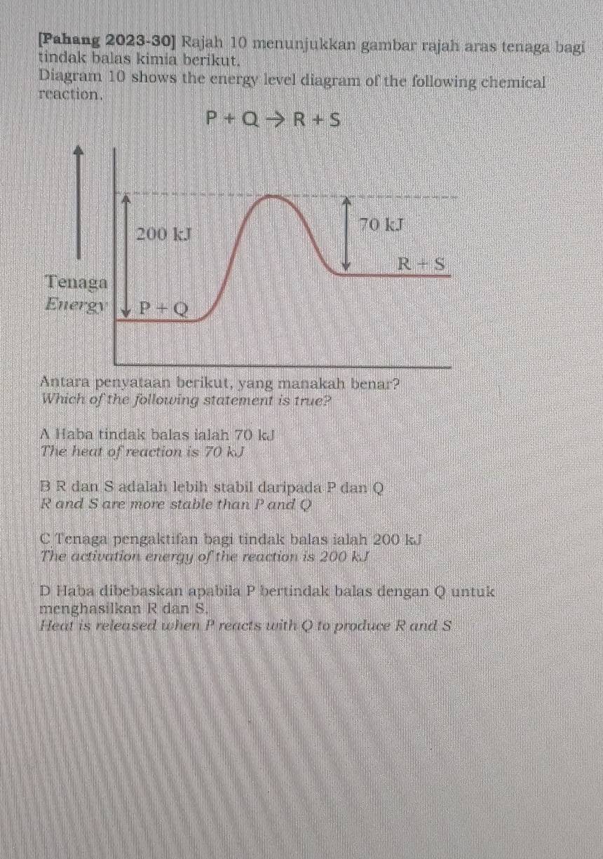 [Pahang 2023-30] Rajah 10 menunjukkan gambar rajah aras tenaga bagi
tindak balas kimia berikut.
Diagram 10 shows the energy level diagram of the following chemical
reaction.
P+Qto R+S
erikut, yang manakah benar?
Which of the following statement is true?
A Haba tindak balas ialah 70 kJ
The heat of reaction is 70 kJ
B R dan S adalah lebih stabil daripada P dan Q
R and S are more stable than P and Q
C Tenaga pengaktifan bagi tindak balas ialah 200 kJ
The activation energy of the reaction is 200 kJ
D Haba dibebaskan apabila P bertindak balas dengan Q untuk
menghasilkan R dan S
Heat is released when P reacts with Q to produce R and S