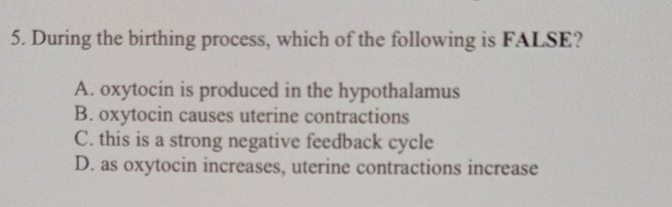 During the birthing process, which of the following is FALSE?
A. oxytocin is produced in the hypothalamus
B. oxytocin causes uterine contractions
C. this is a strong negative feedback cycle
D. as oxytocin increases, uterine contractions increase