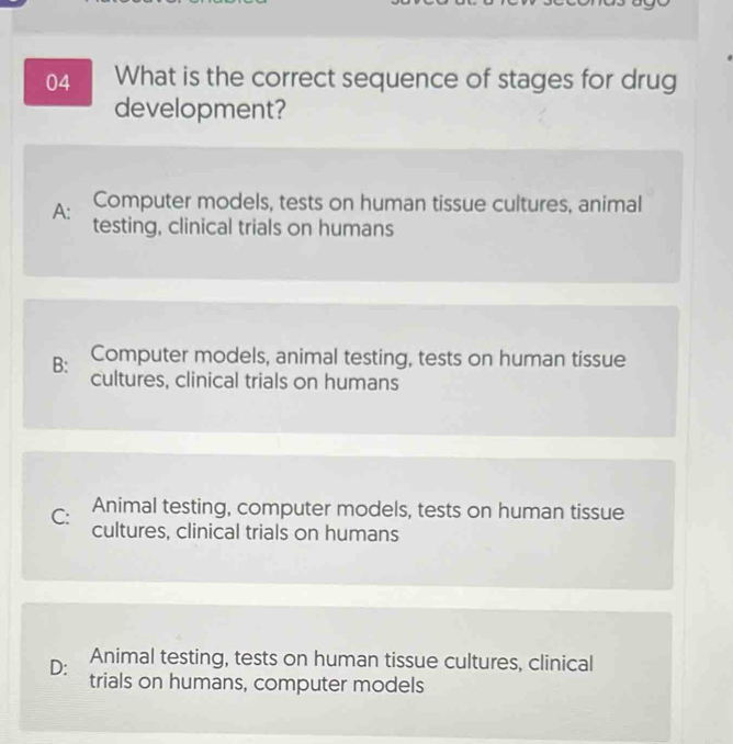 Solved: What is the correct sequence of stages for drug development? A ...
