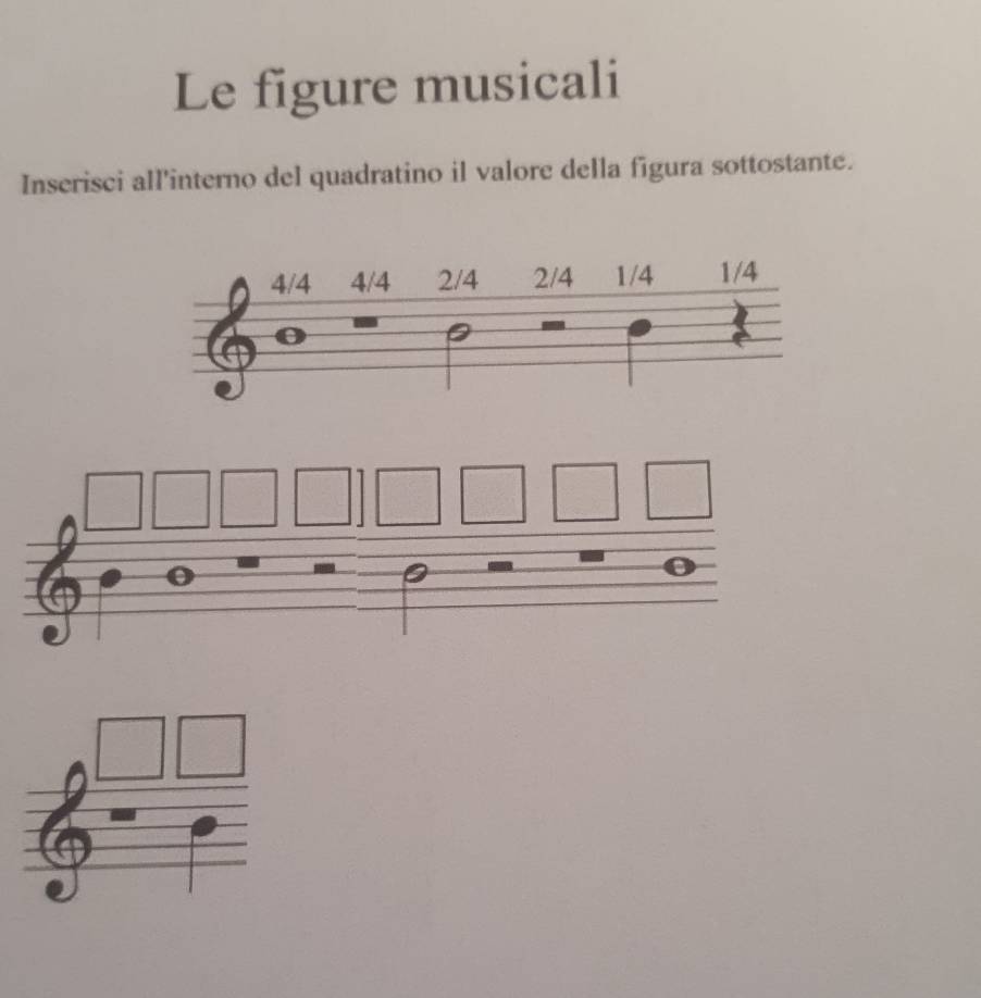 Le figure musicali 
Inserisci all'interno del quadratino il valore della figura sottostante.