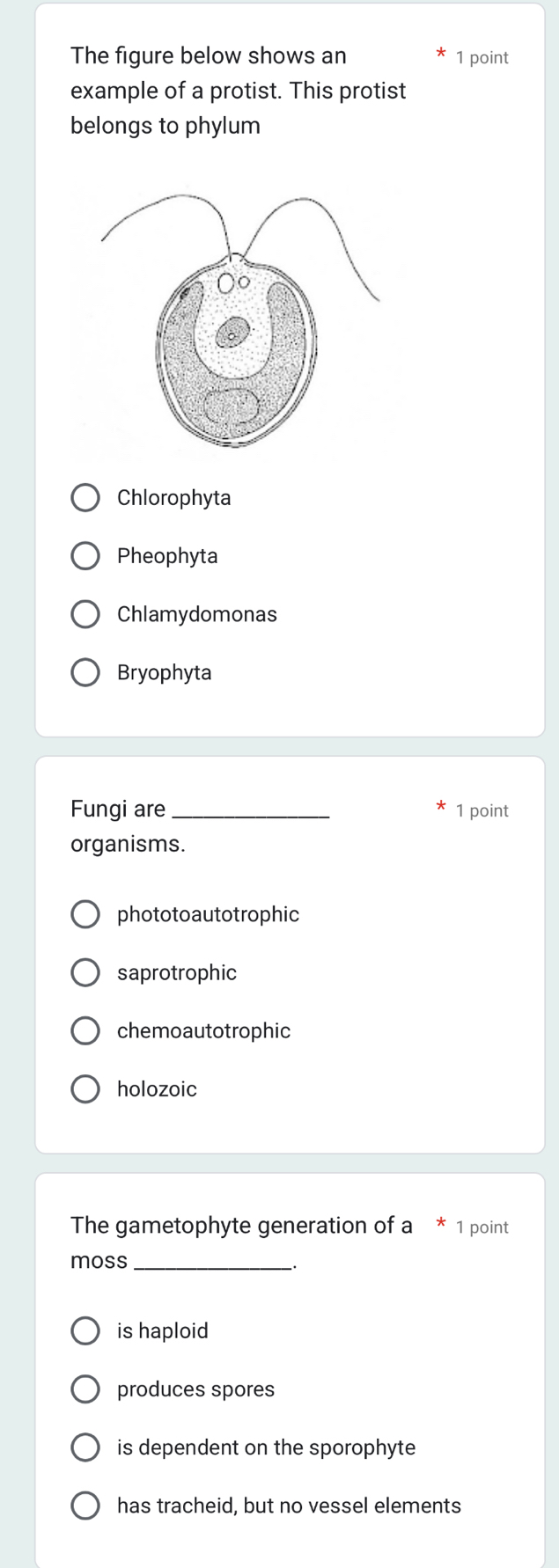 The figure below shows an 1 point
example of a protist. This protist
belongs to phylum
Chlorophyta
Pheophyta
Chlamydomonas
Bryophyta
Fungi are_ 1 point
organisms.
phototoautotrophic
saprotrophic
chemoautotrophic
holozoic
The gametophyte generation of a * 1 point
moss_
is haploid
produces spores
is dependent on the sporophyte
has tracheid, but no vessel elements