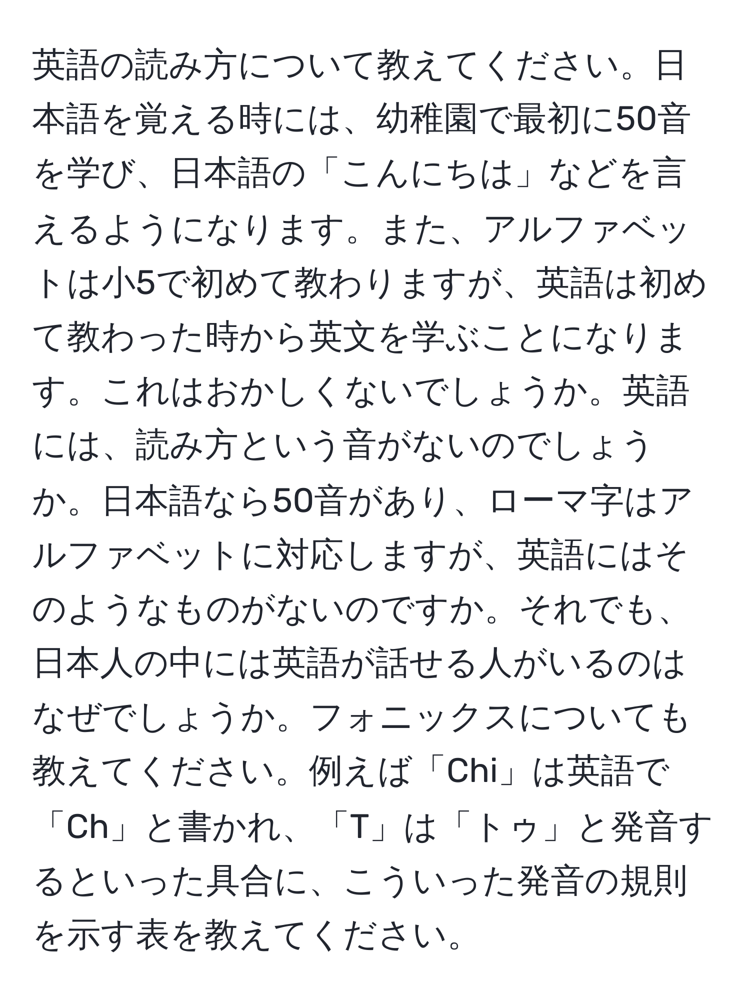 英語の読み方について教えてください。日本語を覚える時には、幼稚園で最初に50音を学び、日本語の「こんにちは」などを言えるようになります。また、アルファベットは小5で初めて教わりますが、英語は初めて教わった時から英文を学ぶことになります。これはおかしくないでしょうか。英語には、読み方という音がないのでしょうか。日本語なら50音があり、ローマ字はアルファベットに対応しますが、英語にはそのようなものがないのですか。それでも、日本人の中には英語が話せる人がいるのはなぜでしょうか。フォニックスについても教えてください。例えば「Chi」は英語で「Ch」と書かれ、「T」は「トゥ」と発音するといった具合に、こういった発音の規則を示す表を教えてください。