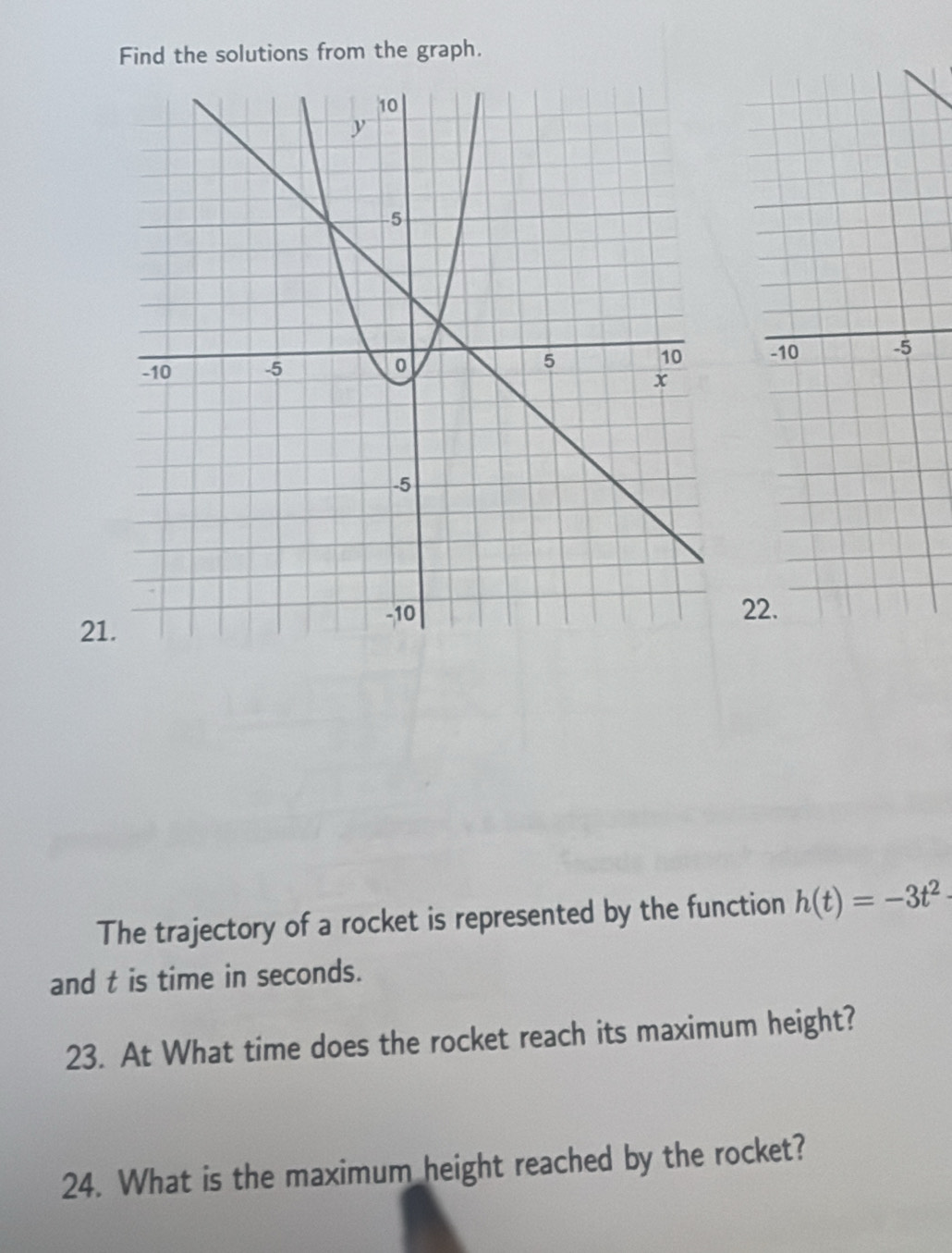 Find the solutions from the graph.
-10 -5 
22. 
21. 
The trajectory of a rocket is represented by the function h(t)=-3t^2
and t is time in seconds. 
23. At What time does the rocket reach its maximum height? 
24. What is the maximum height reached by the rocket?