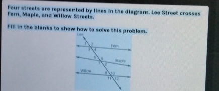 Four streets are represented by lines in the diagram. Lee Street crosses 
Fern, Maple, and Willow Streets. 
Fill in the blanks to show how to solve this problem.