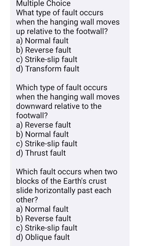 What type of fault occurs
when the hanging wall moves
up relative to the footwall?
a) Normal fault
b) Reverse fault
c) Strike-slip fault
d) Transform fault
Which type of fault occurs
when the hanging wall moves
downward relative to the
footwall?
a) Reverse fault
b) Normal fault
c) Strike-slip fault
d) Thrust fault
Which fault occurs when two
blocks of the Earth's crust
slide horizontally past each
other?
a) Normal fault
b) Reverse fault
c) Strike-slip fault
d) Oblique fault