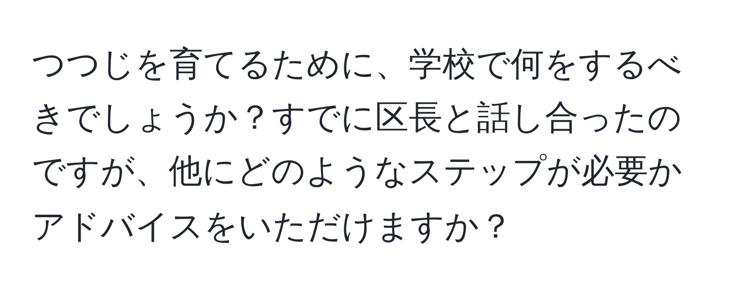 つつじを育てるために、学校で何をするべきでしょうか？すでに区長と話し合ったのですが、他にどのようなステップが必要かアドバイスをいただけますか？