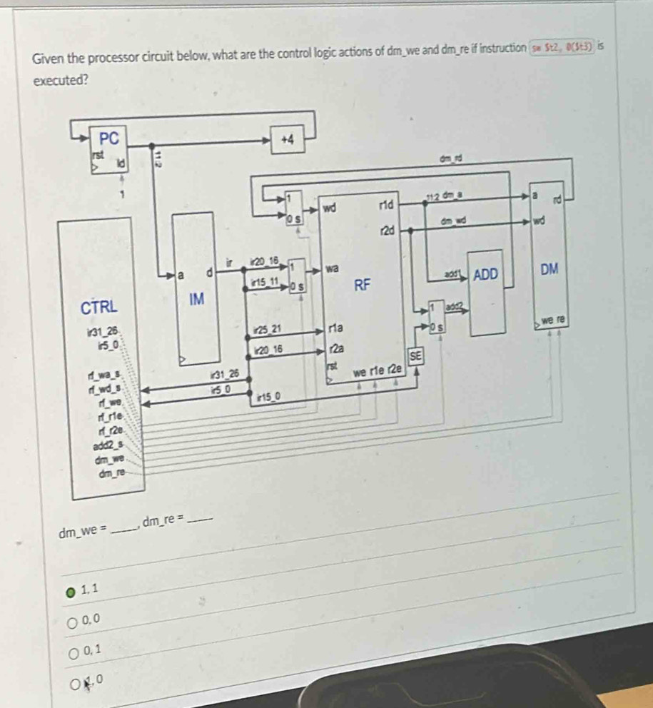 Given the processor circuit below, what are the control logic actions of dm _we and dm _re if instruction sw St2, 0($t3) is
executed?
_ ,dm_ re=
_ dm_ we=
1, 1
0,0
0, 1
0,0