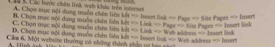 Cả S. Các bước chèn link web khác trên internet hại thông minh.
A. Chọn mục nội dung muôn chèn liên kết => Insert link => Page => Site Pages => Insert
B. Chọn mục nội dung muốn chên liên
C. Chọn mục nội dung muốn chèn liên kết => Link => Page => Site Pages => Insert link
c^ t => Link => Web address => Insert link
D. Chọn mục nội dung muốn chèn liên kết => Insert link => Web address => Insert
Câu 6. Một website thường có những thành phần cơ hản nàn?
A Hình ảnh