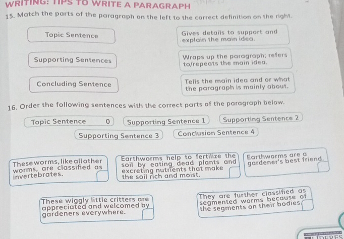 WRITING: TIPS TO WRITE A PARAGRAPH 
15. Match the parts of the paragraph on the left to the correct definition on the right. 
Topic Sentence Gives details to support and 
explain the main idea. 
Supporting Sentences Wraps up the paragraph; refers 
to/repeats the main idea. 
Concluding Sentence Tells the main idea and or what 
the paragraph is mainly about. 
16. Order the following sentences with the correct parts of the paragraph below. 
Topic Sentence 0 Supporting Sentence 1 Supporting Sentence 2 
Supporting Sentence 3 Conclusion Sentence 4 
These worms, like all other Earthworms help to fertilize the Earthworms are a 
soil by eating dead plants and . 
excreting nutrients that make gardener's best friend. 
invertebrates. worms, are classified as 
the soil rich and moist. 
appreciated and welcomed by They are further classified as 
segmented worms because of 
These wiggly little critters are 
the segments on their bodies 
gardeners everywhere.