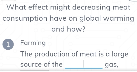 What effect might decreasing meat 
consumption have on global warming 
and how? 
1 Farming 
The production of meat is a large 
source of the _gas,