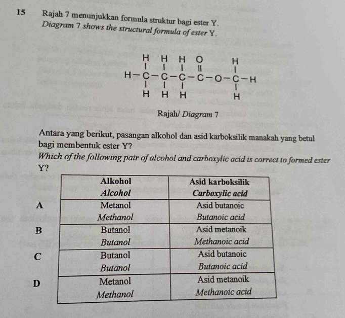 Rajah 7 menunjukkan formula struktur bagi ester Y.
Diagram 7 shows the structural formula of ester Y.
Rajah/ Diagram 7
Antara yang berikut, pasangan alkohol dan asid karboksilik manakah yang betul
bagi membentuk ester Y?
Which of the following pair of alcohol and carboxylic acid is correct to formed ester
Y
A
B
C
D