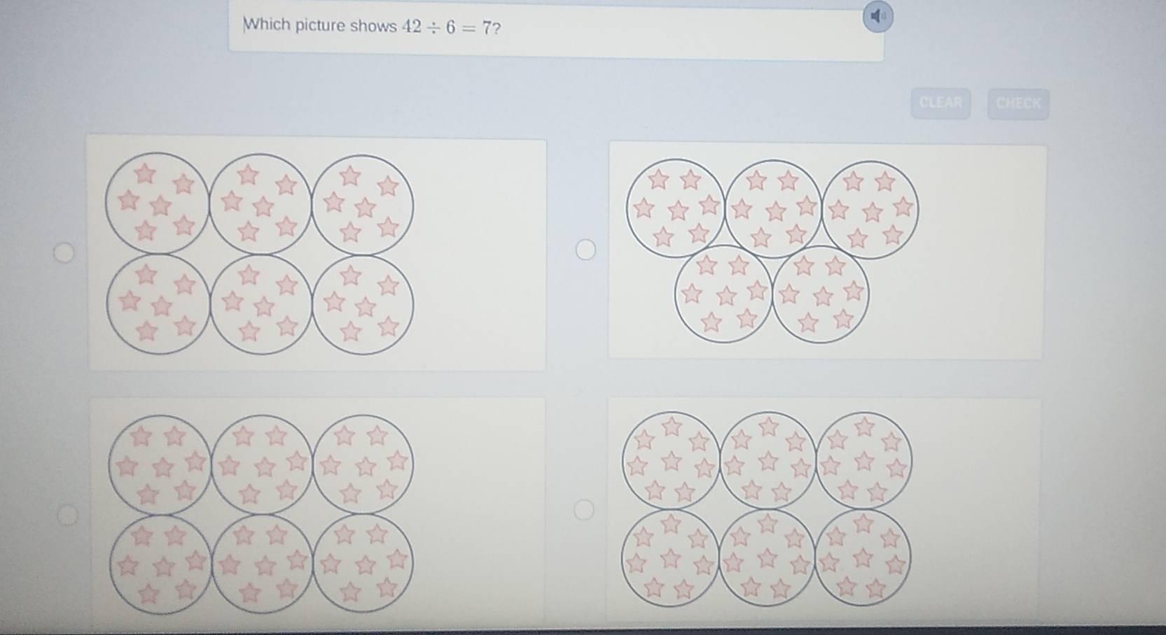 Which picture shows 42/ 6=7
CLEAR CHEC