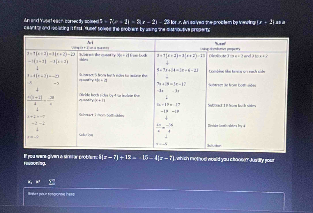 Arl and Yusef each correctly solved 5+7(x+2)=3(x-2)-23for for .. An solved the problem by viewing (x+2)
quantity and isolating it first. Yusef solved the problem by using the distributive property,
If you were given a similar problem: 5(x-7)+12=-15-4(x-7) ), which method would you choose? Justify your
reasoning.
x_2x^3 sumlimits°
Enter your response here