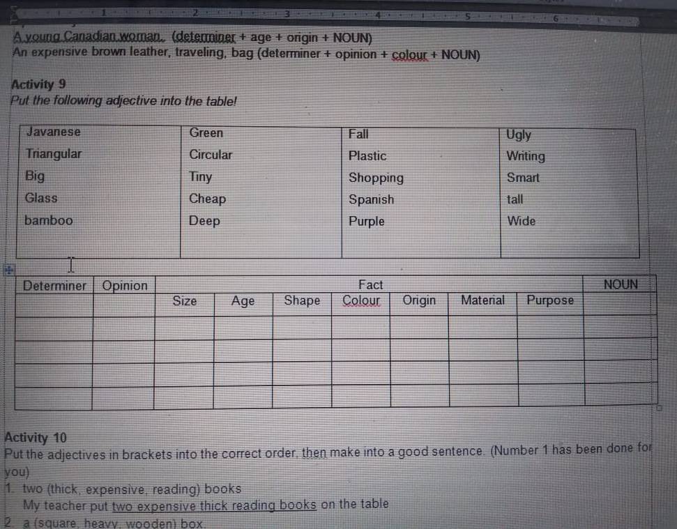 A young Canadian woman (determiner + age + origin + NOUN) 
An expensive brown leather, traveling, bag (determiner + opinion + colour + NOUN) 
Activity 9 
Put the following adjective into the table! 
Activity 10 
Put the adjectives in brackets into the correct order, then make into a good sentence. (Number 1 has been done for 
you) 
1. two (thick, expensive, reading) books 
My teacher put two expensive thick reading books on the table 
2. a (square, heavv. wooden) box.